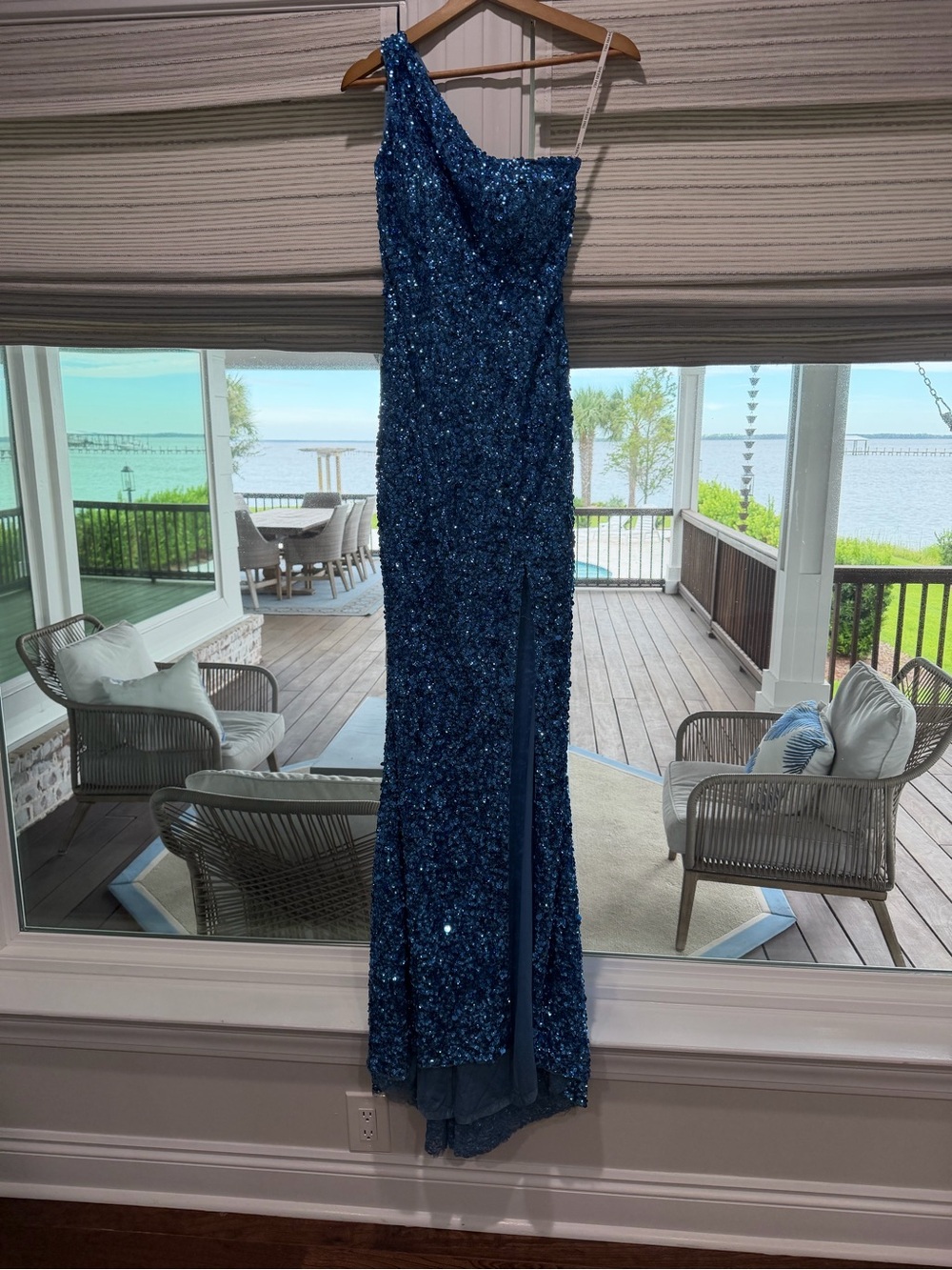 Sherri Hill Navy Blue One-Shoulder Sequin Evening Gown